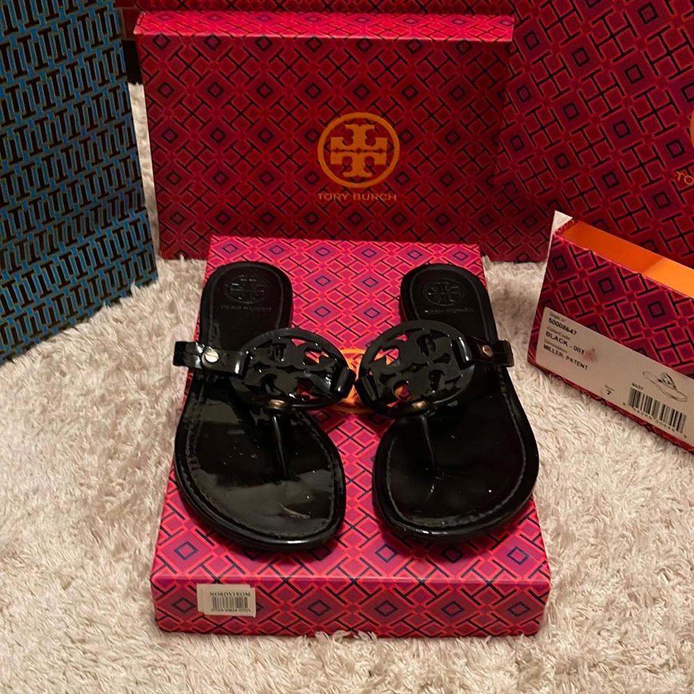 Tory Burch Black Patent Miller Sandals